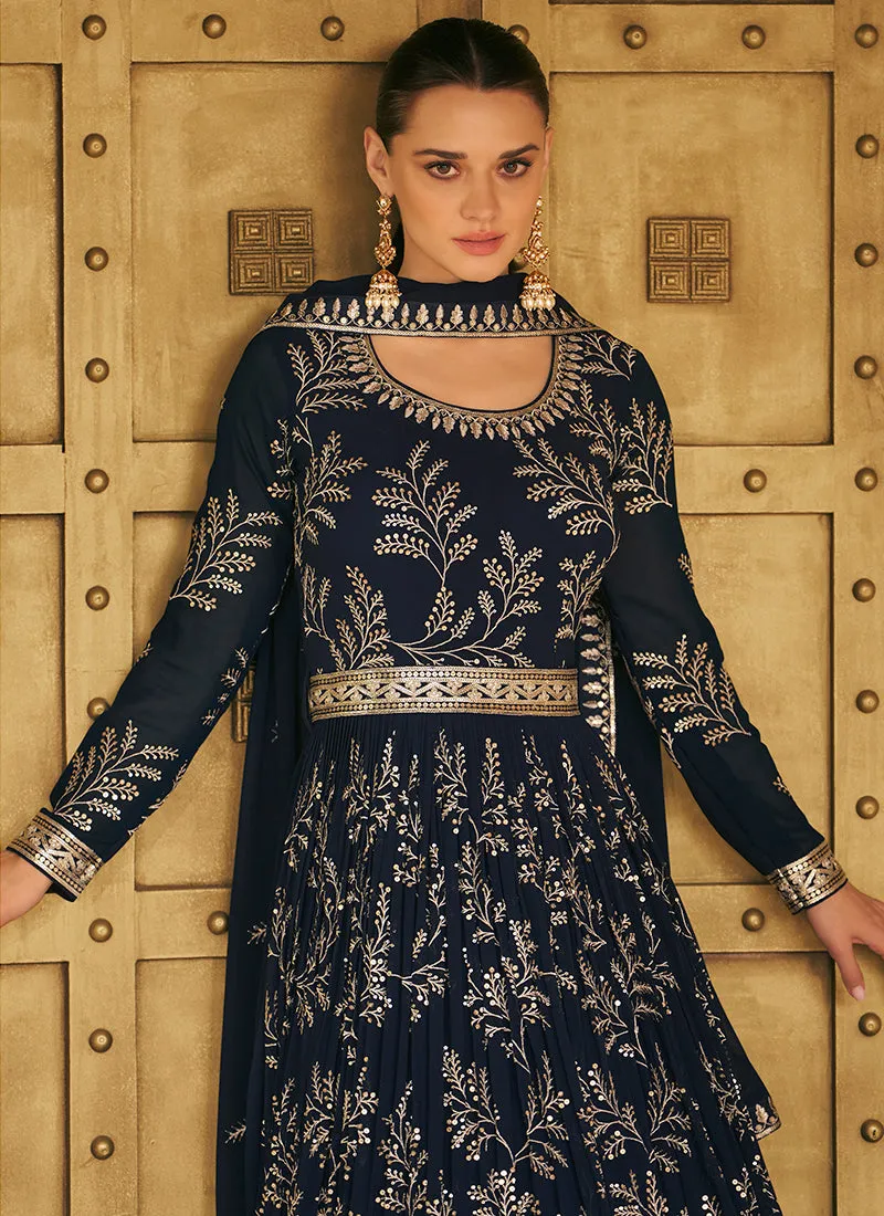 Dark Blue Sequence Embroidery Wedding Anarkali Gown