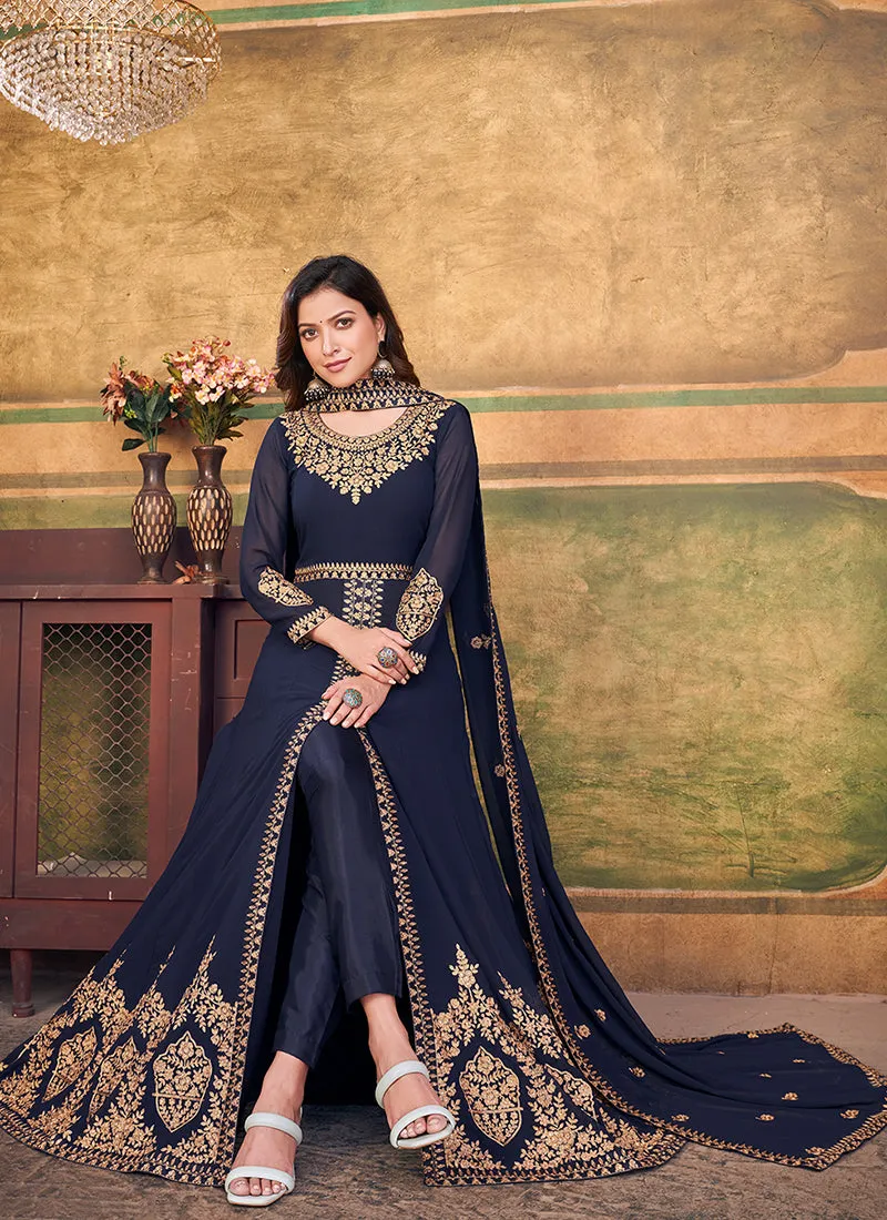 Dark Blue Slit Style Embroidered Anarkali Pants Suit