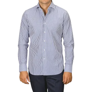 Dark Blue Striped Cotton Single Cuff Shirt