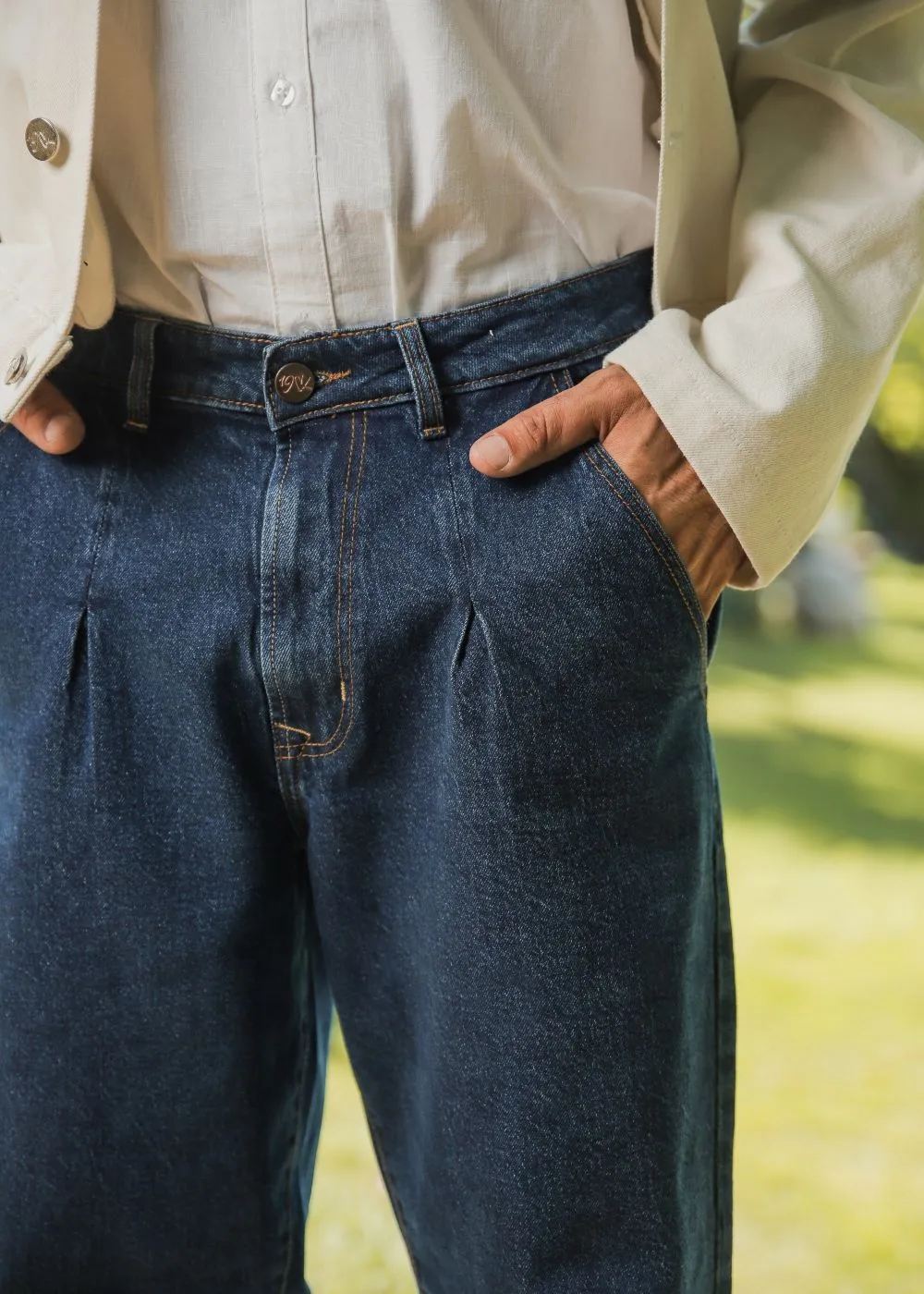 Dark Blue Urban Pleat Relaxed Jeans