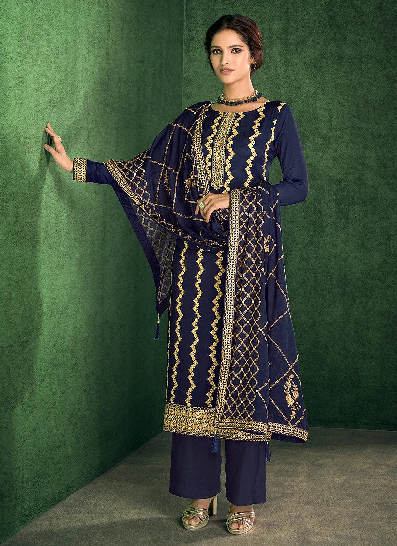 Dark Blue Zari Embroidered Pakistani Pant Suit