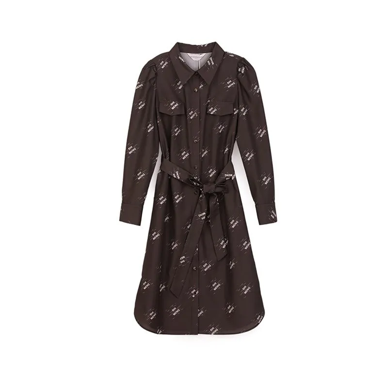 Dark Brown Letter Printed Long Sleeve Dresses