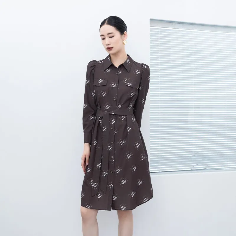 Dark Brown Letter Printed Long Sleeve Dresses