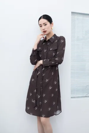 Dark Brown Letter Printed Long Sleeve Dresses