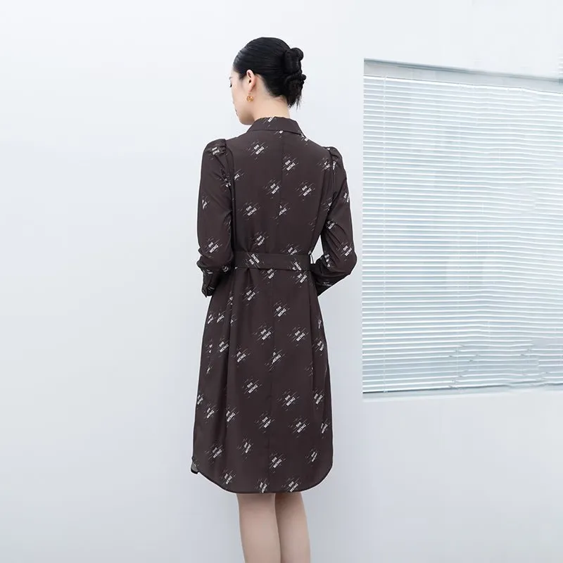 Dark Brown Letter Printed Long Sleeve Dresses