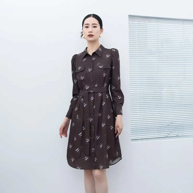 Dark Brown Letter Printed Long Sleeve Dresses