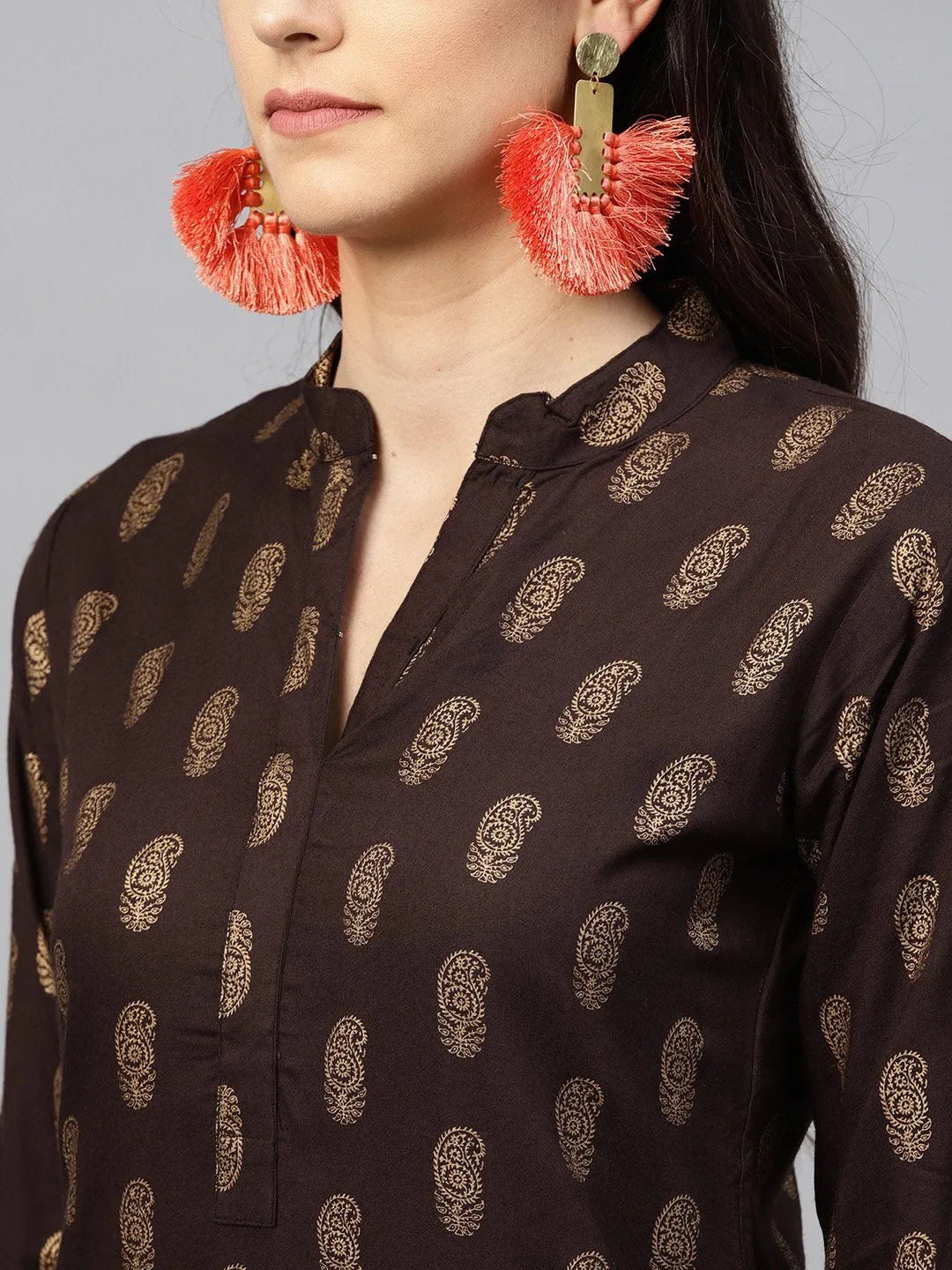 Dark Brown printed Kurta set with Orange printed Palazzo