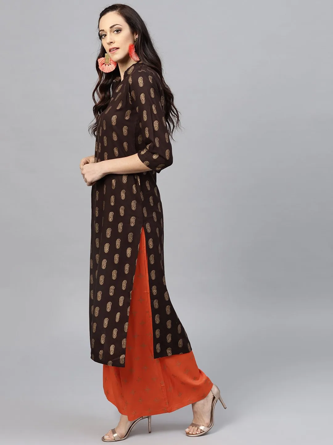 Dark Brown printed Kurta set with Orange printed Palazzo