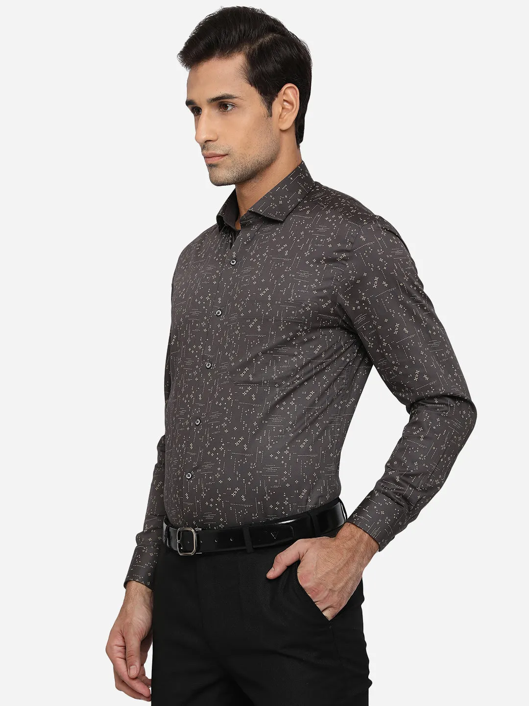 Dark Brown Printed Slim Fit Party Wear Shirt | Greenfibre