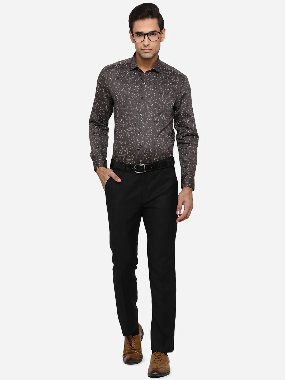 Dark Brown Printed Slim Fit Party Wear Shirt | Greenfibre