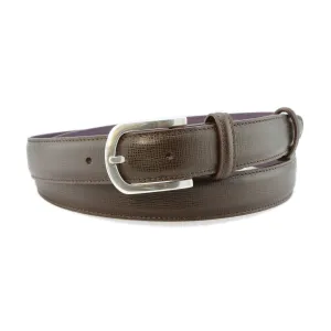 Dark brown saffiano leather narrow belt with silver buckle