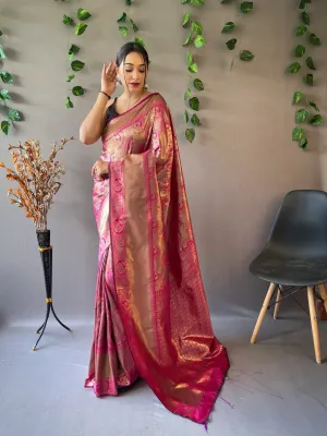 Dark Carnation Pink Saree in Kanjeevaram Silk Self Peacock Woven