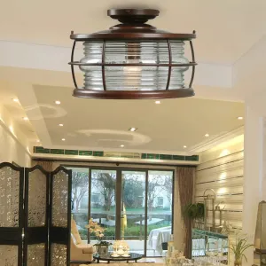 Dark Coffee Caged Metal Semi Mount Ceiling Light for Classic Living Room, 1-Light