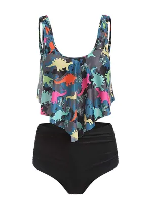 Dark Gray 1950s Retro Dinosaur Tankini Set