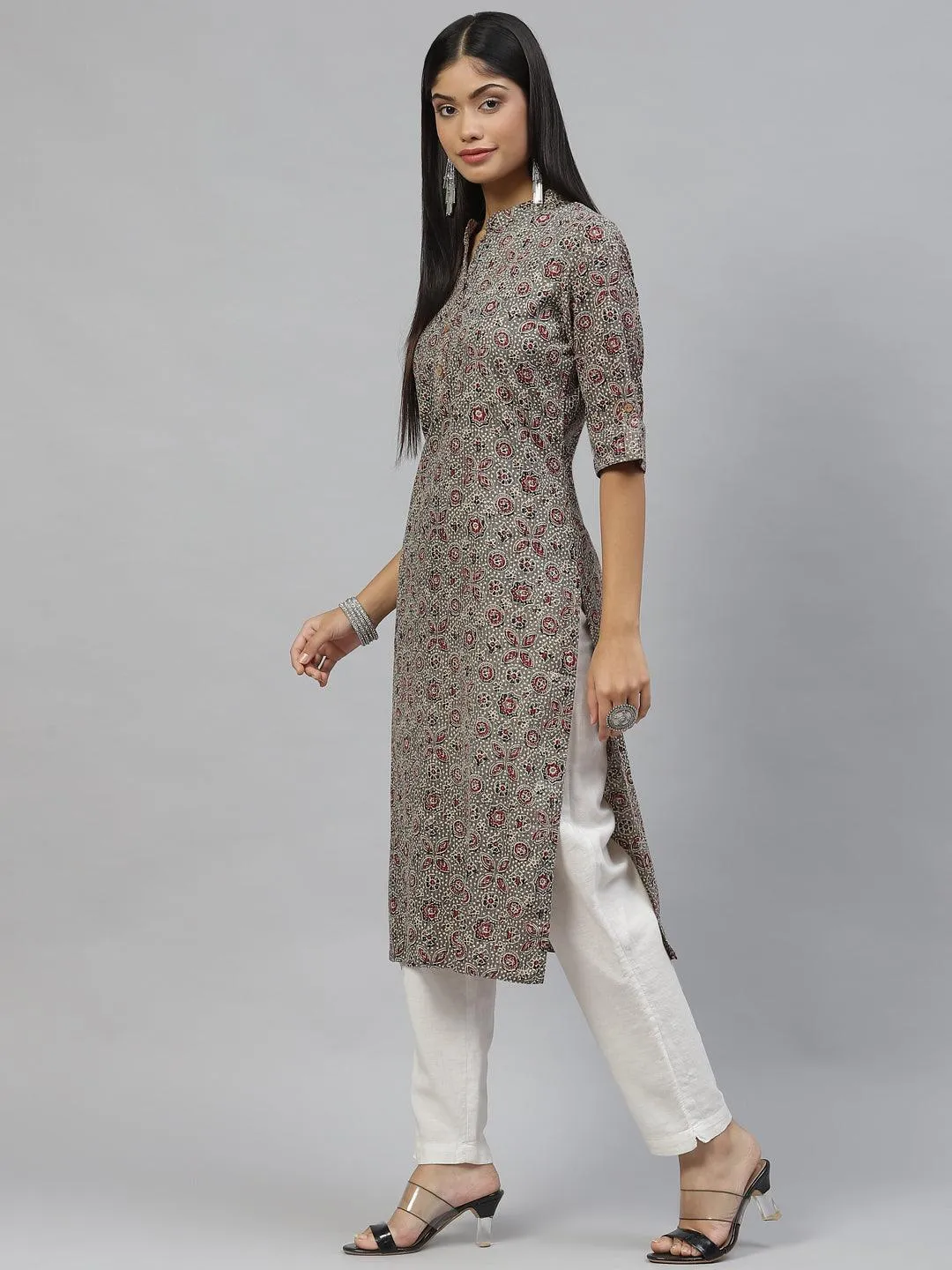 Dark Gray And Maroon Cotton Straight Kurta