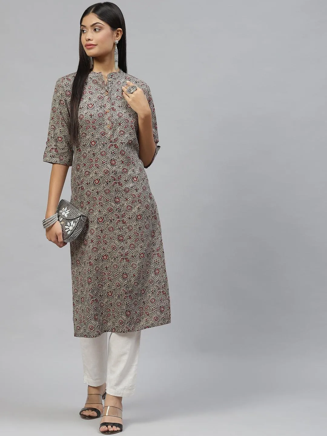 Dark Gray And Maroon Cotton Straight Kurta