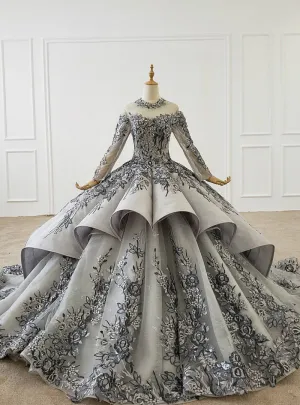 Dark Gray Ball Gown Tulle Embroidery Appliques Long Sleeve Wedding Dress