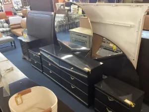 Dark Gray Lacquer Dresser With Six Drawers And Mirror