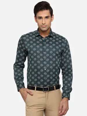 Dark Green & White Printed Slim Fit Party Wear Shirt | Wyre