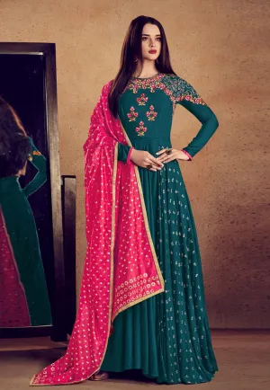 Dark Green And Pink Embellished Anarkali Suit