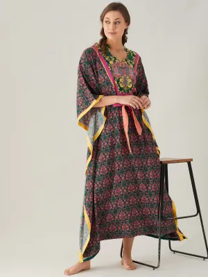 Dark Green And Pink Floral Loungewear Kaftan