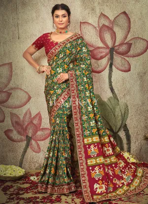 Dark Green And Red Embroidery Traditional Satin Silk Saree