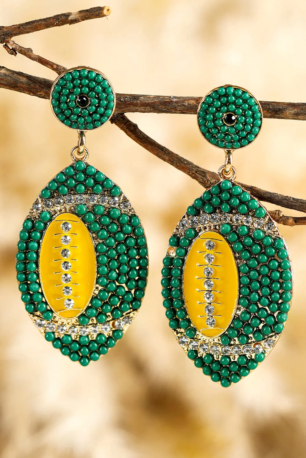 Dark Green Beaded Rhinestone Rugby Drop Earrings