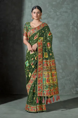 Dark Green Color Cotton Work Silk Zari Work Saree