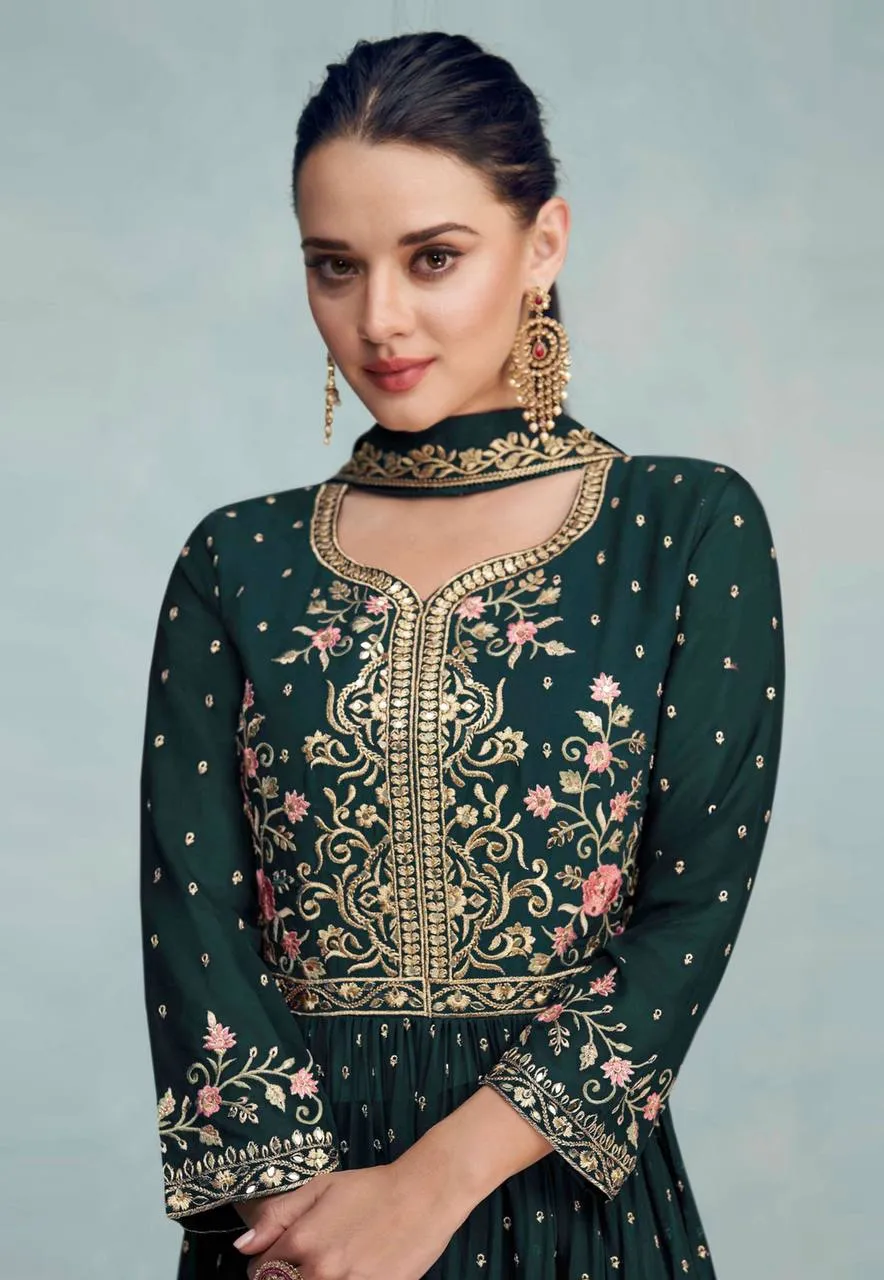 Dark Green Color Georgette Fabric Alluring Function Wear Palazzo Suit