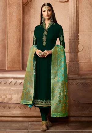 Dark Green Dual Tone Embroidered Satin Churidar Suit