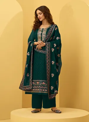 Dark Green Embroidered Designer Pant Style Suit