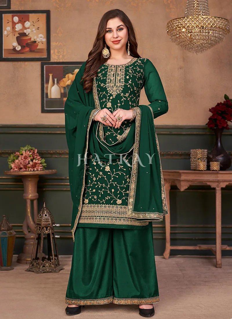 Dark Green Embroidered Georgette Palazzo Suit