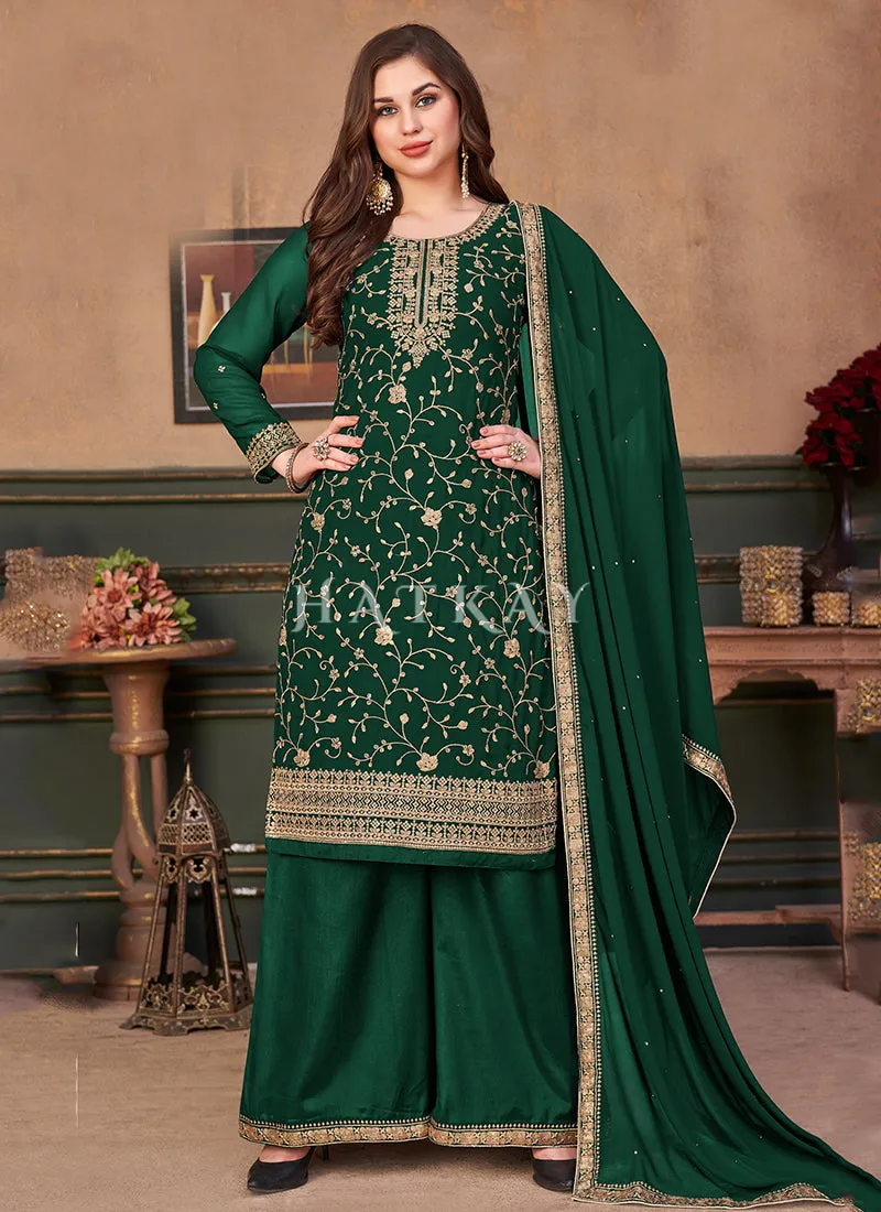 Dark Green Embroidered Georgette Palazzo Suit