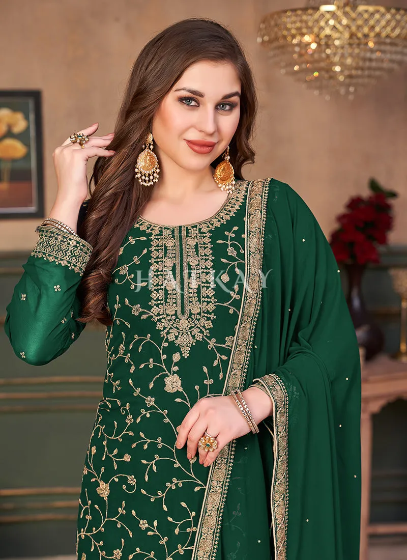 Dark Green Embroidered Georgette Palazzo Suit