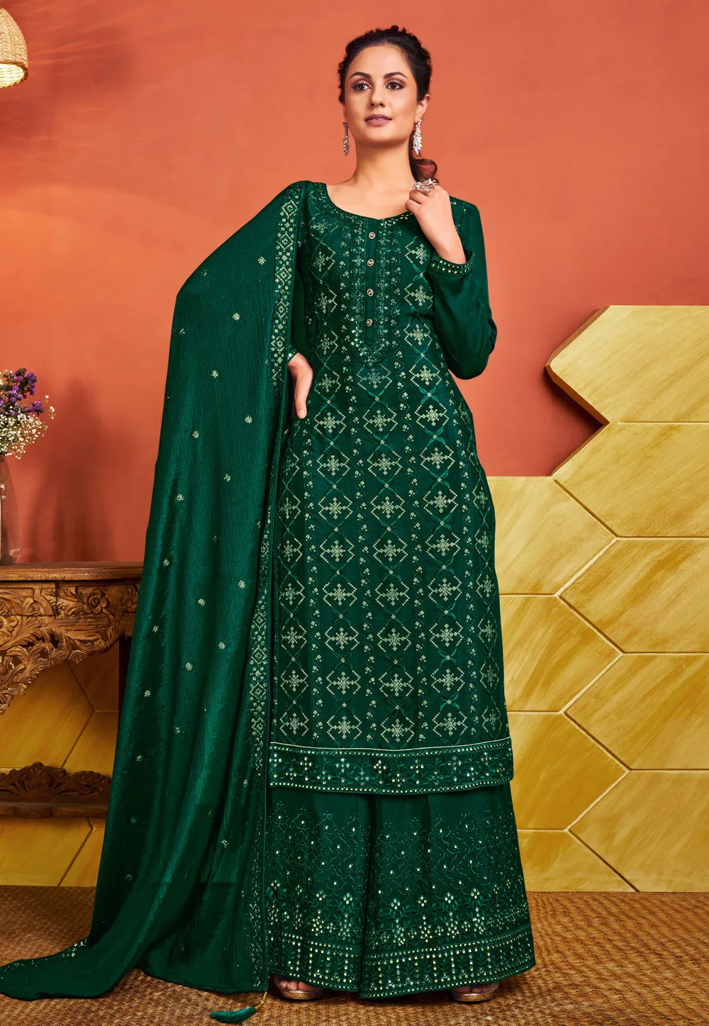 Dark Green Embroidered Pakistani Palazzo Suit