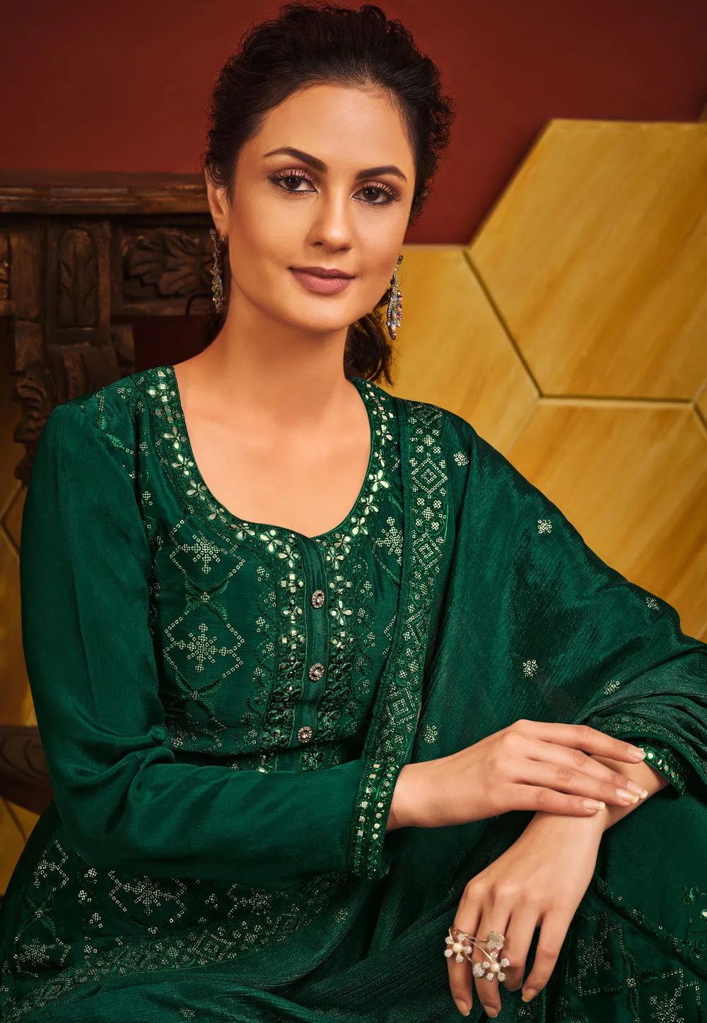 Dark Green Embroidered Pakistani Palazzo Suit