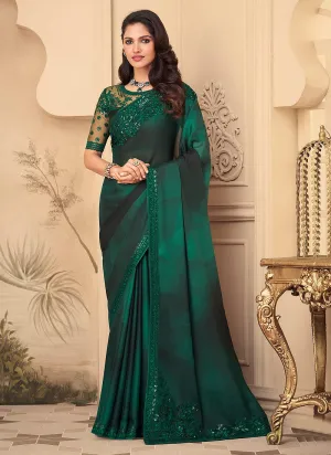 Dark Green Embroidered Party Wear Silk Saree