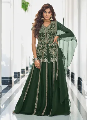 Dark Green Embroidered Traditional Lehenga Kurti Suit