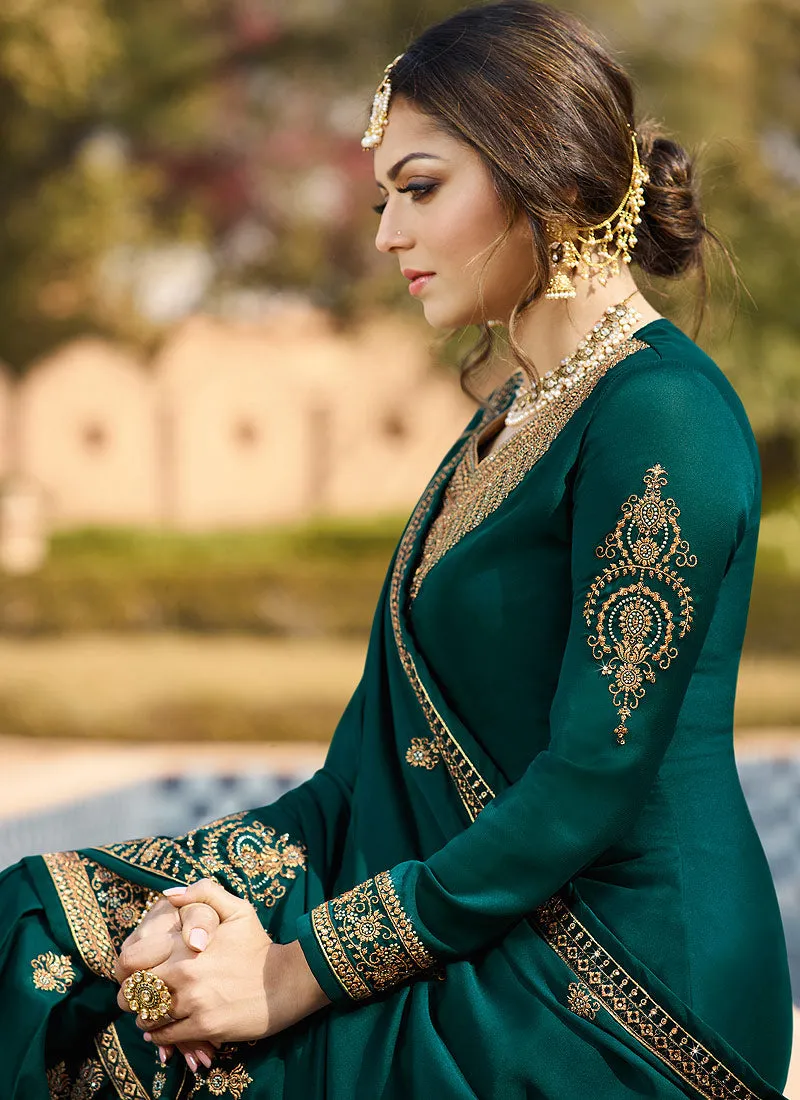 Dark Green Ethic Embroidered Pakistani Gharara Suit