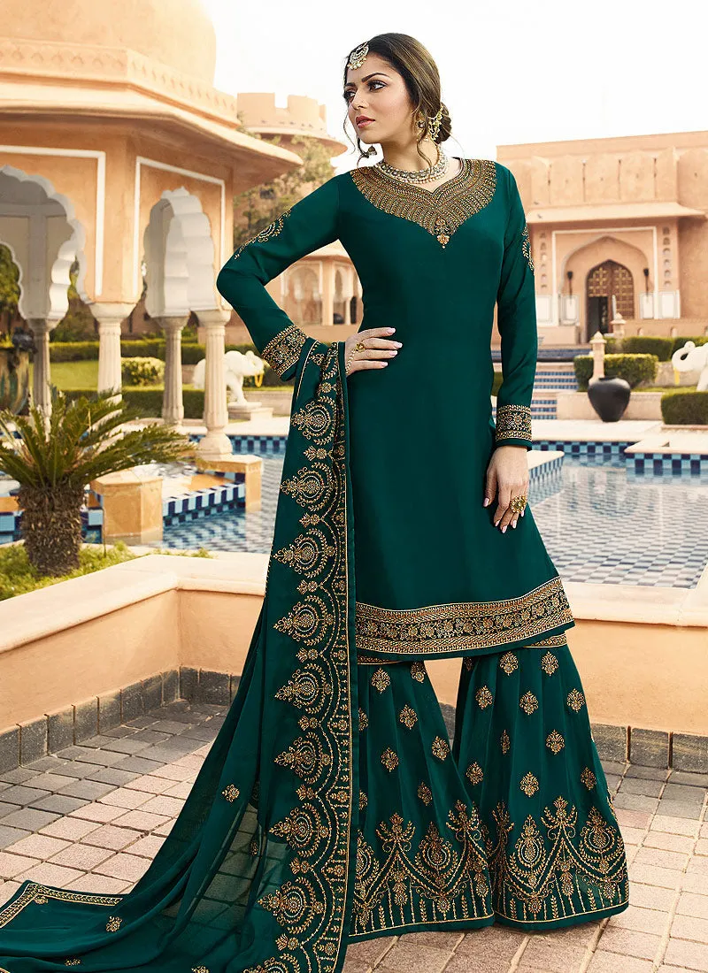 Dark Green Ethic Embroidered Pakistani Gharara Suit