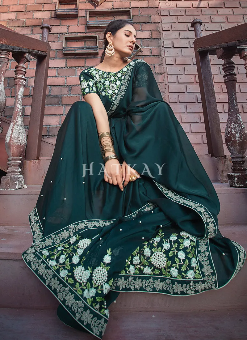 Dark Green Floral Silk Saree