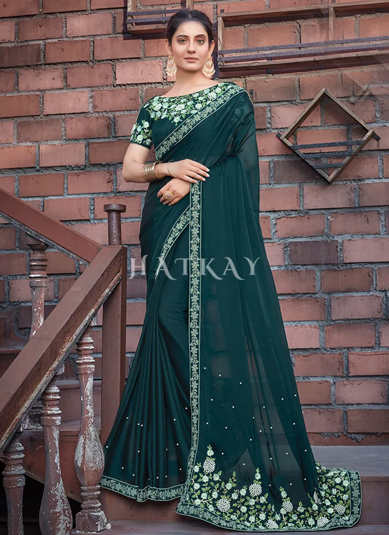 Dark Green Floral Silk Saree