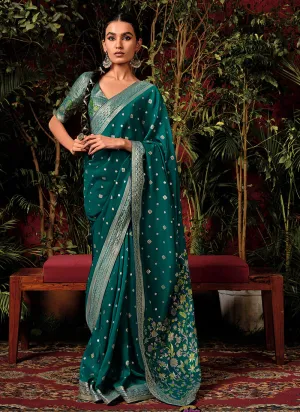 Dark Green Floral Viscose Silk Saree