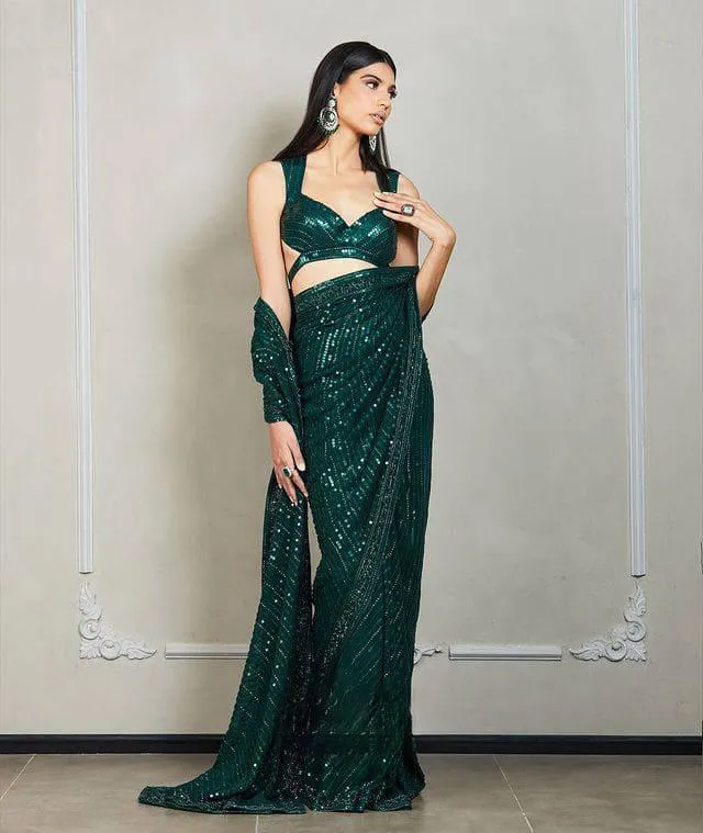 Dark Green Georgette All Over Luxury Sequins Saree