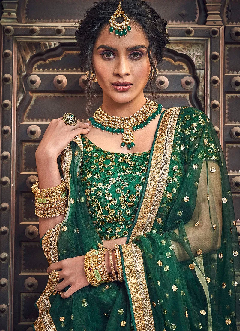 Dark Green Golden Designer Wedding Lehenga Choli