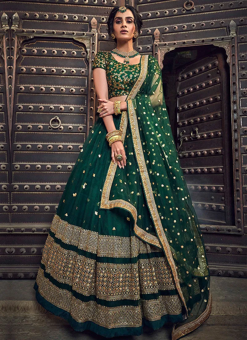 Dark Green Golden Designer Wedding Lehenga Choli