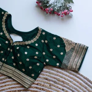 Dark Green Golden Embroidered Blouse with Sequins – Caterpillar Silk Elegance