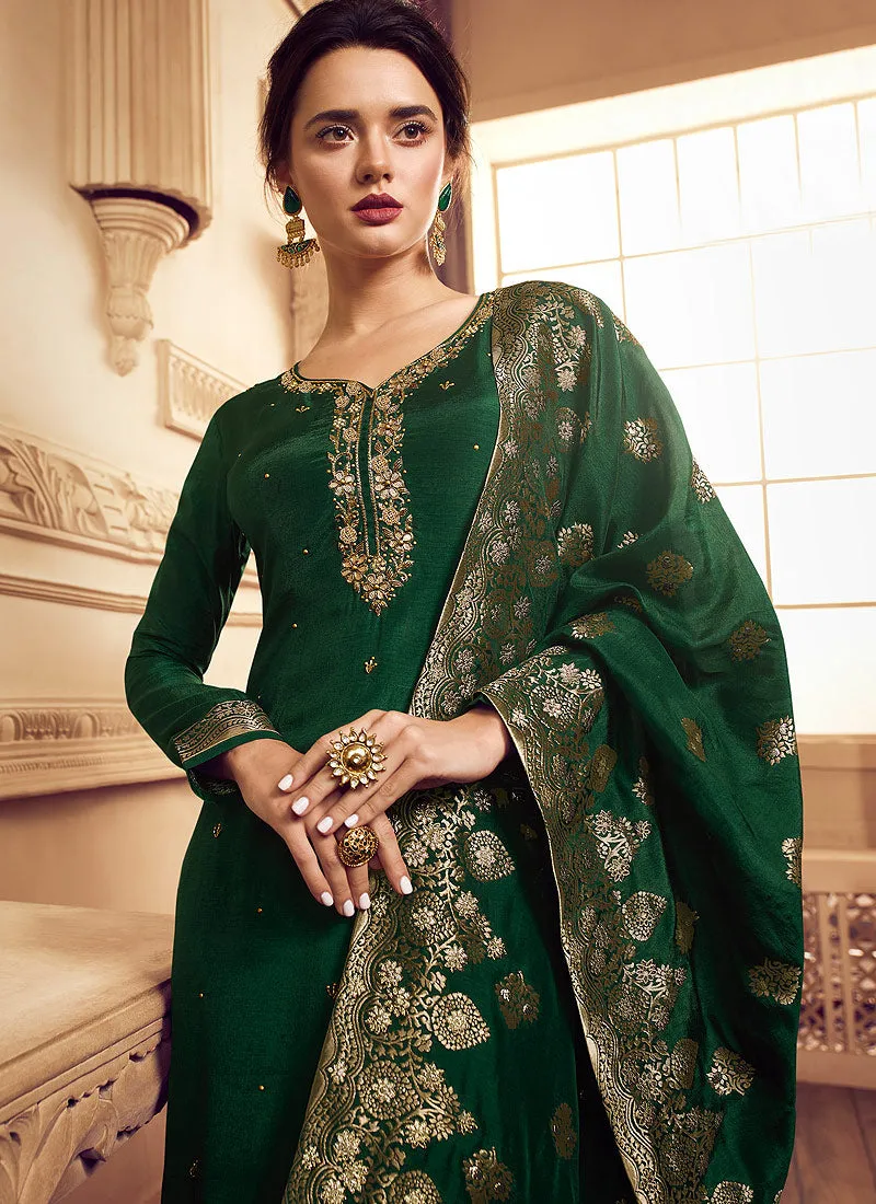 Dark Green Golden Embroidered Designer Palazzo Suit