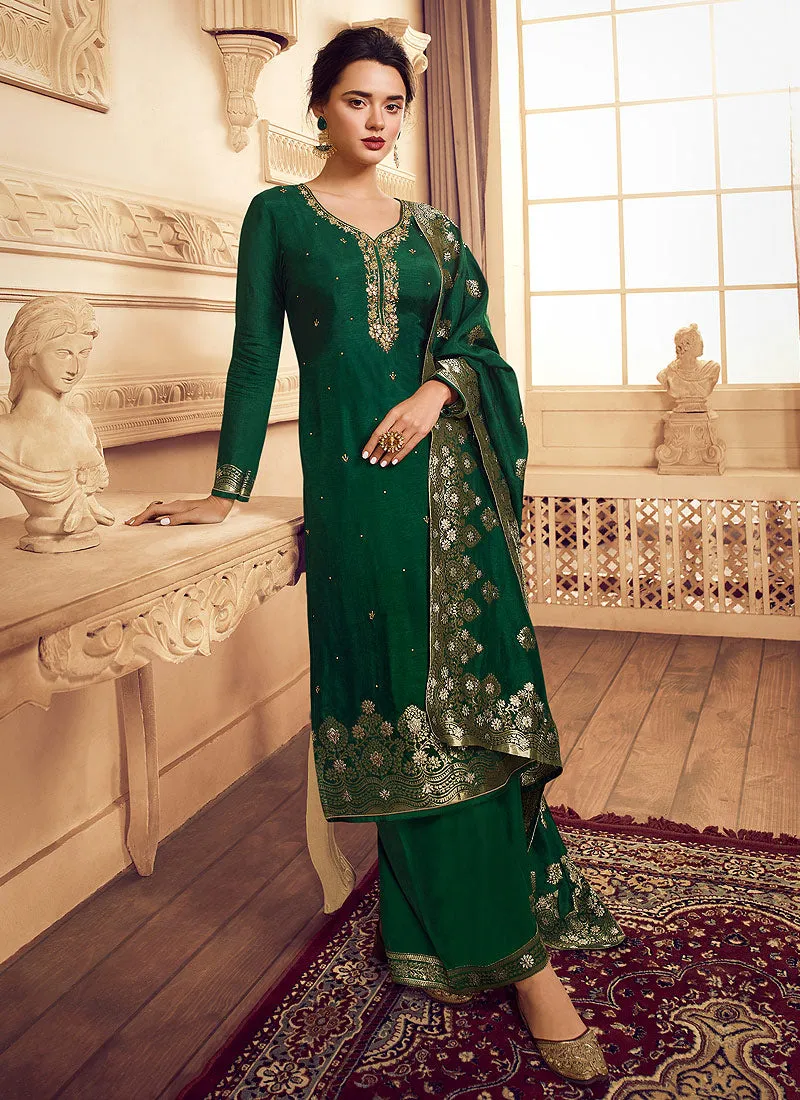 Dark Green Golden Embroidered Designer Palazzo Suit