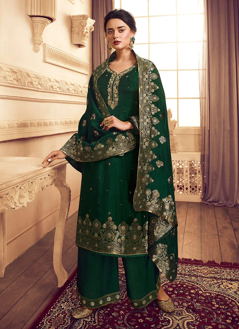 Dark Green Golden Embroidered Designer Palazzo Suit